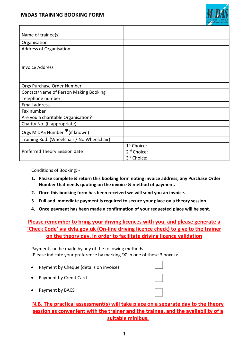 Midas Training Booking Form