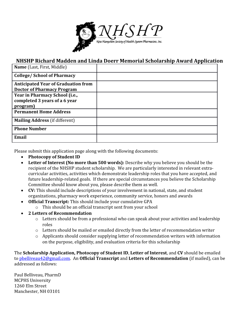 NHSHP Richard Madden and Linda Doerr Memorial Scholarship Award Application