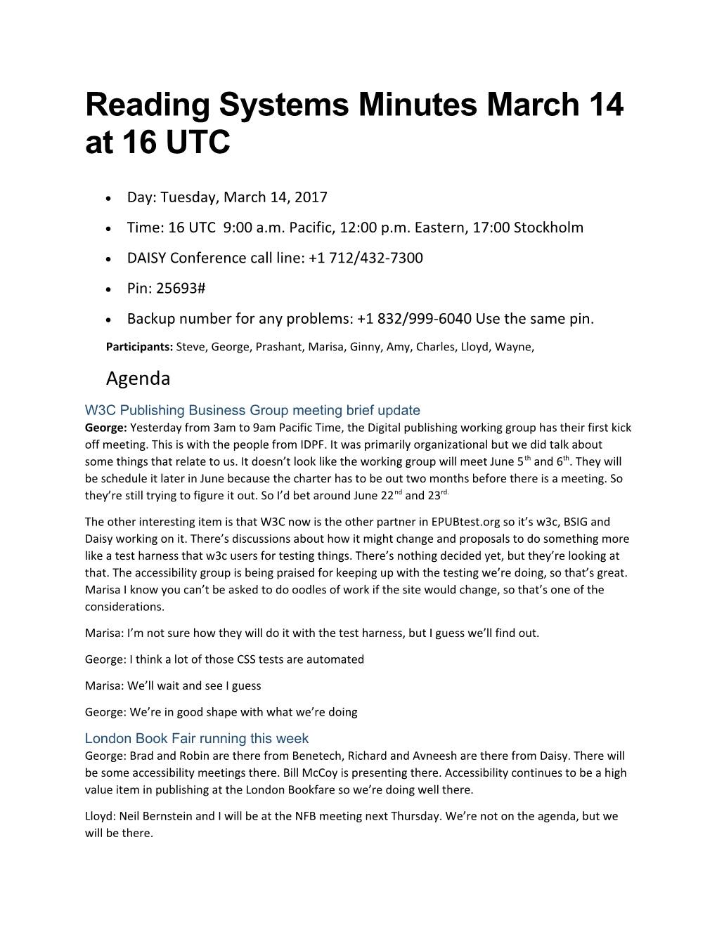 Reading Systems Minutes March 14 at 16 UTC
