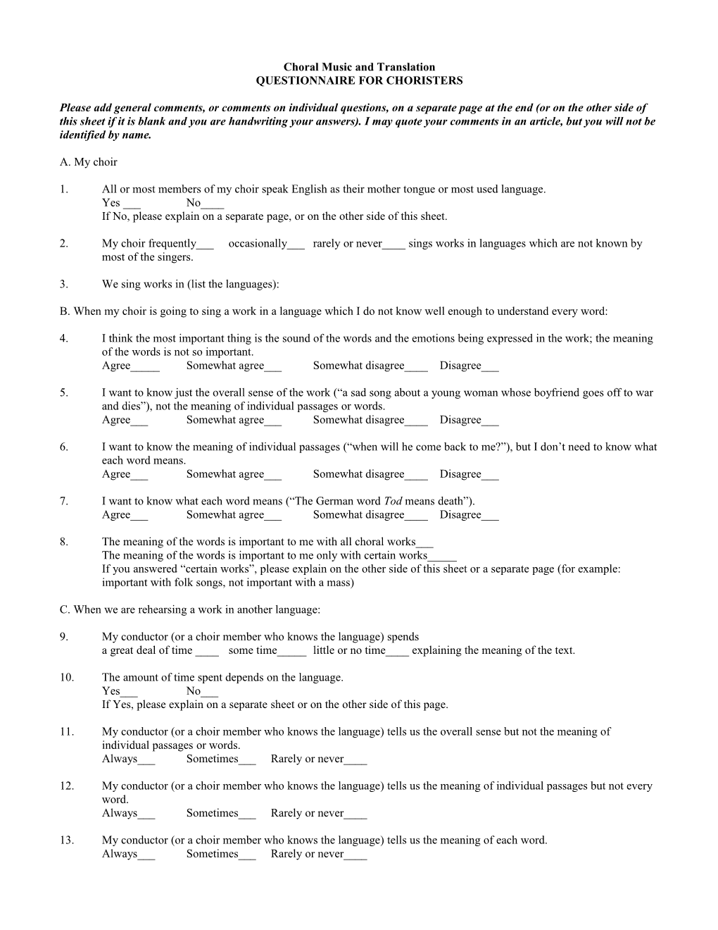 Questionnaire for Conductors