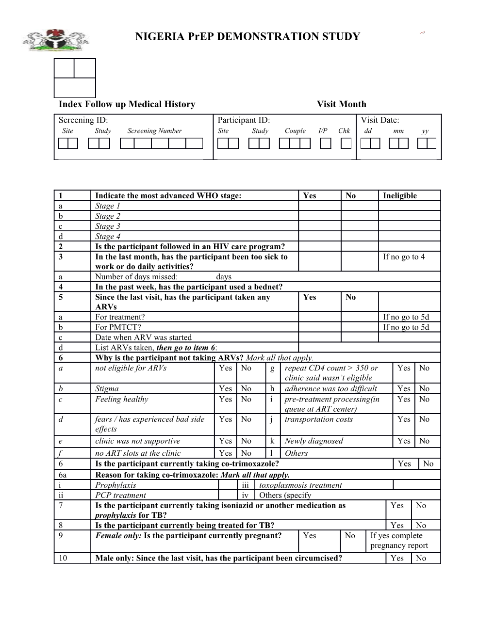 Index Follow up Medical History Visit Month