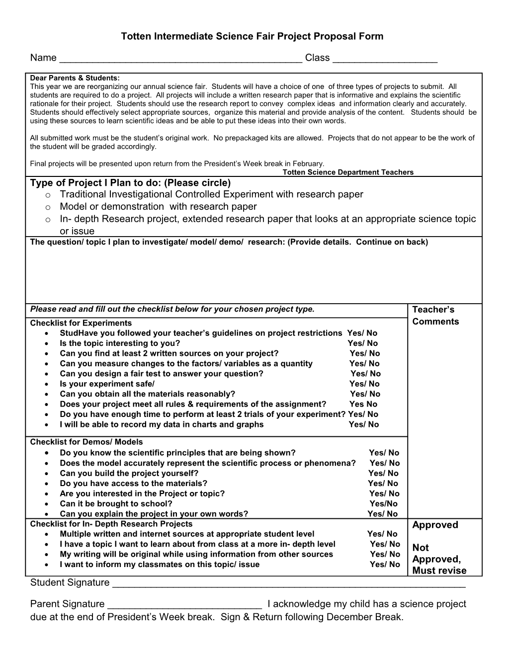 Totten Intermediate Science Fair Project Proposal Form