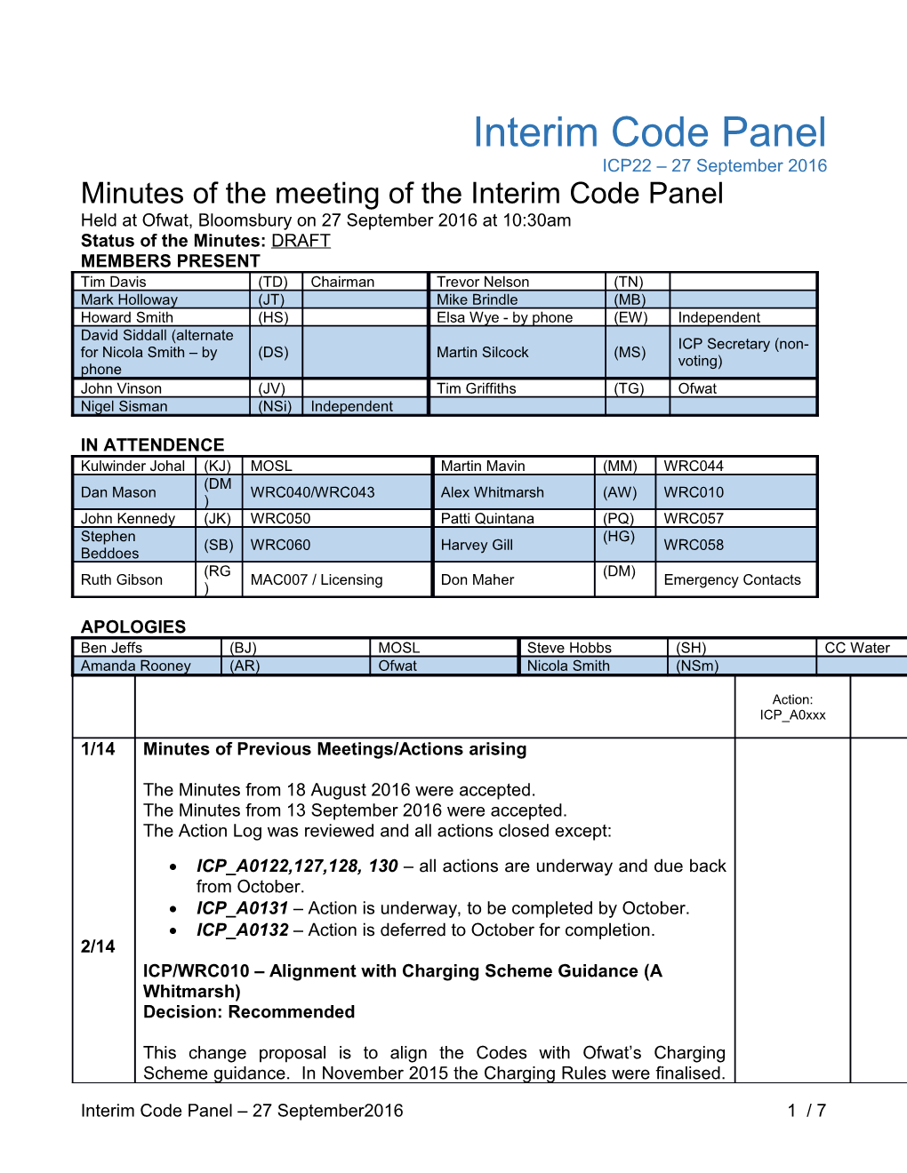 Minutes of the Meeting of the Interim Code Panel