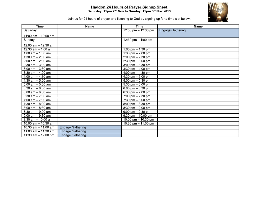 Prayer Time Signup Sheet