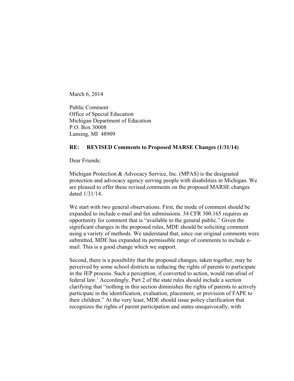 MPAS Comments to 1/31/14 MARSE Changes