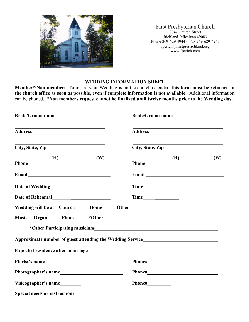 Wedding Information Sheet