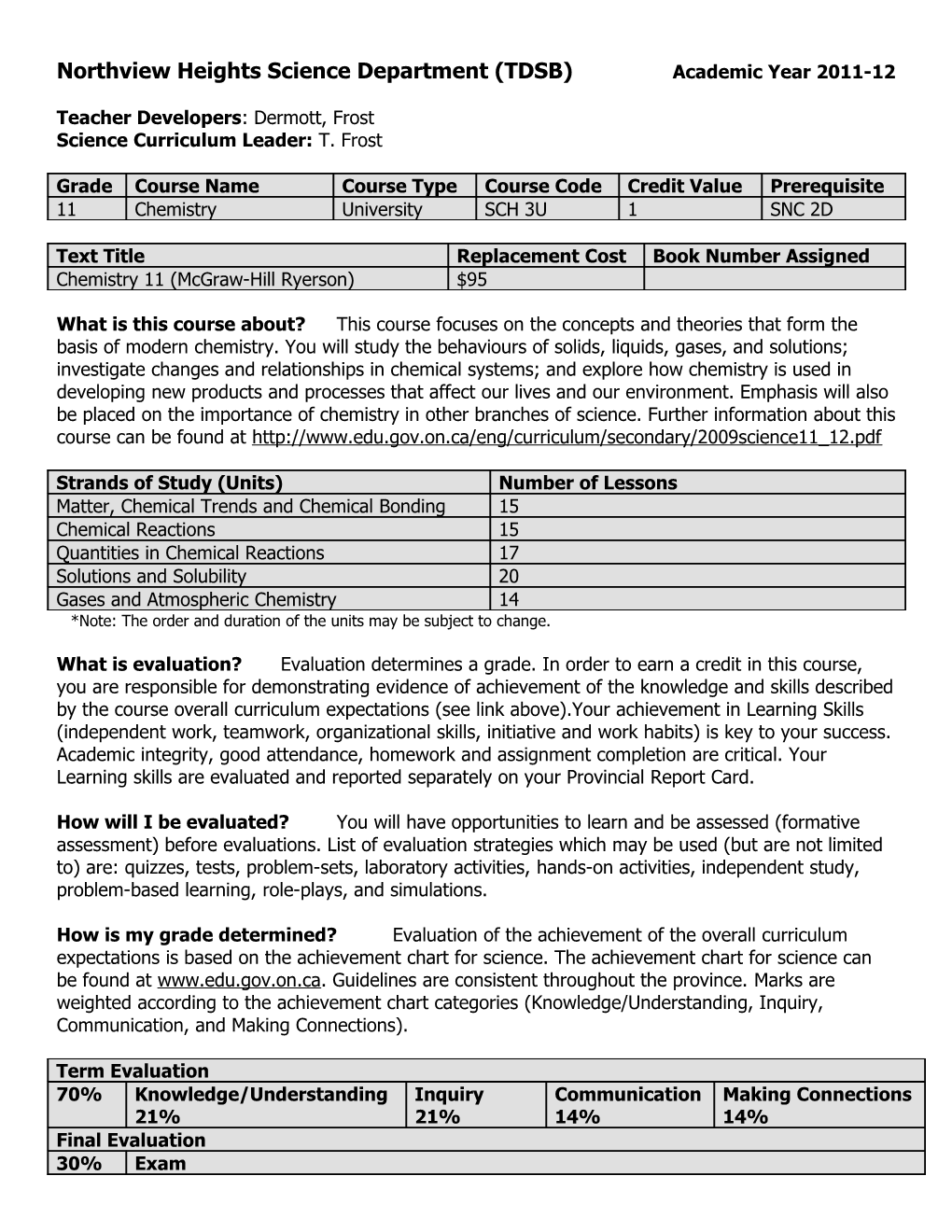 Northview Heights Science Department (TDSB) Academic Year 2011-12