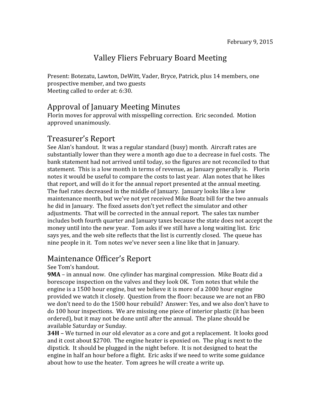 Valley Fliers February Board Meeting