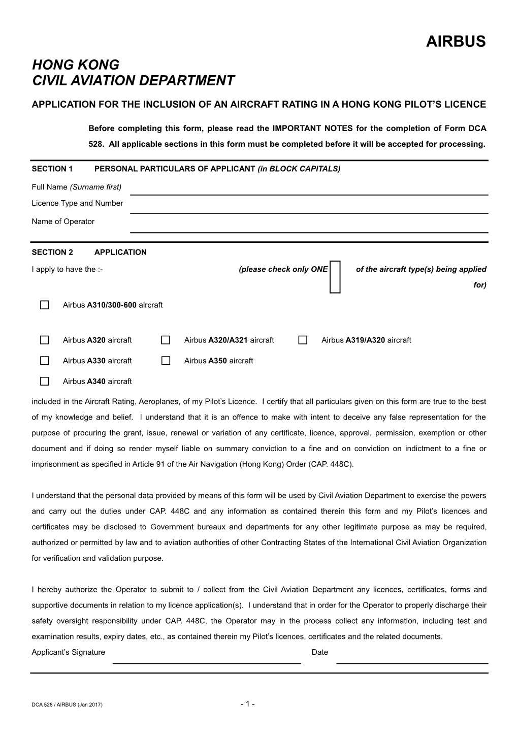 Application for the Inclusion of an Aircraft Rating in a Hong Kong Pilot S Licence
