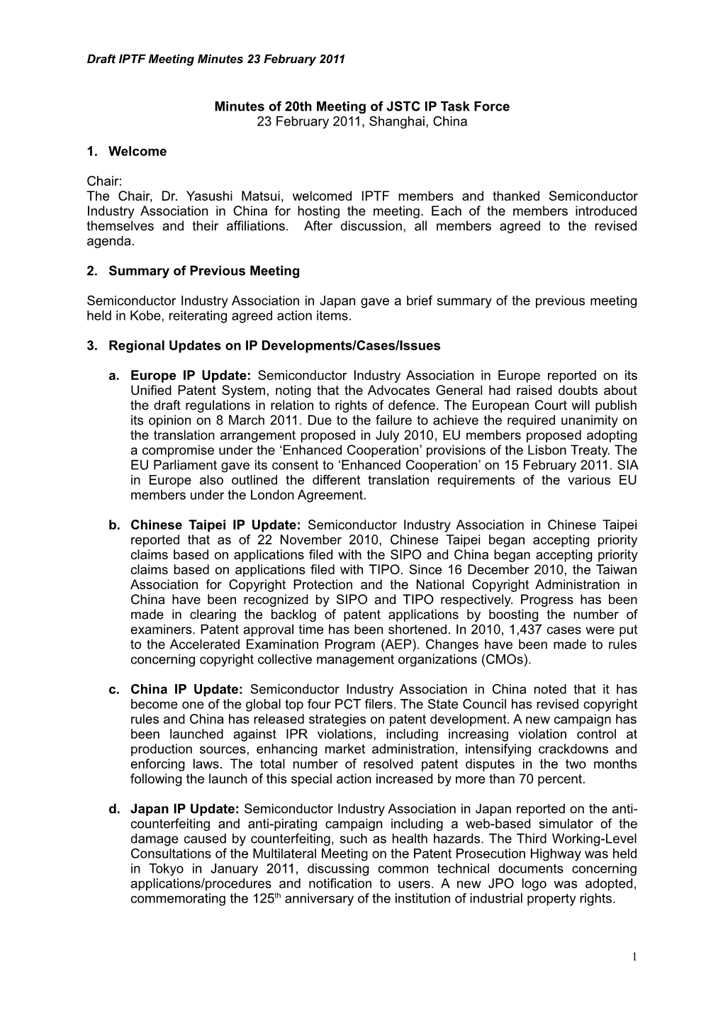 Minutes of 20Th Meeting of JSTC IP Task Force