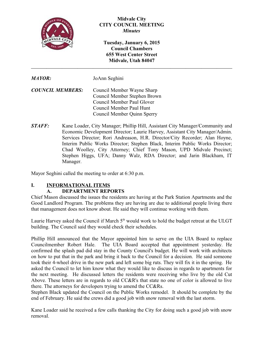 Proceedings of the Midvale City Council Meeting