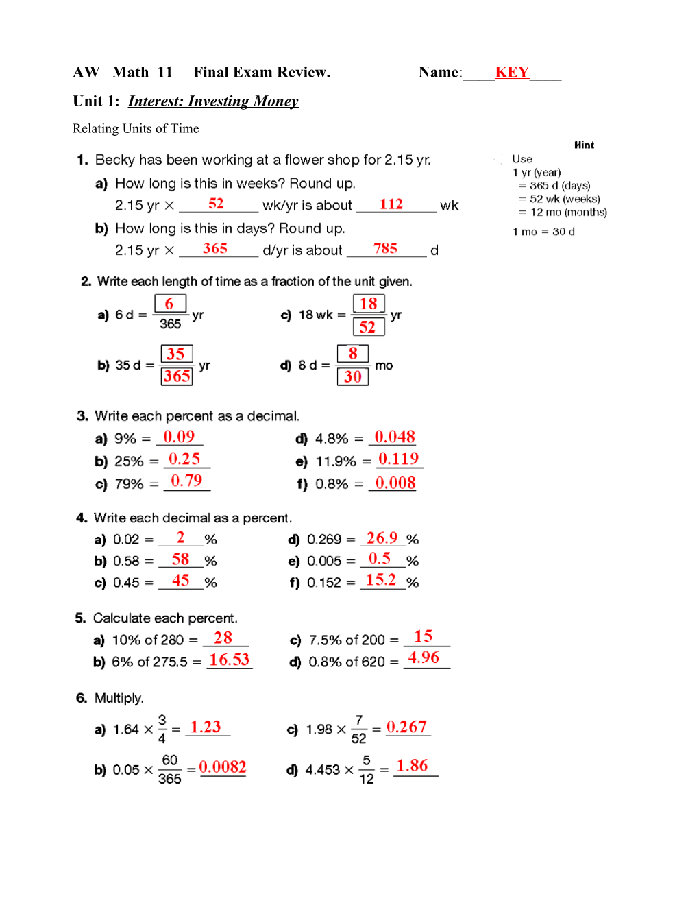 AW Math 11 Final Exam Review