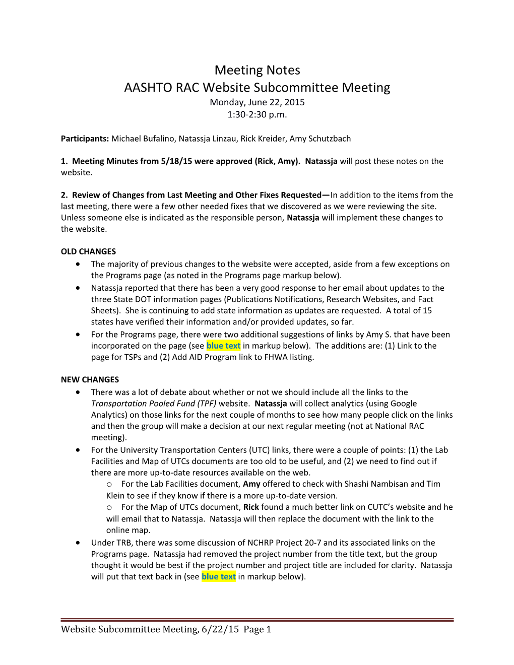 Website Subcommittee Meeting Notes: June 22, 2015