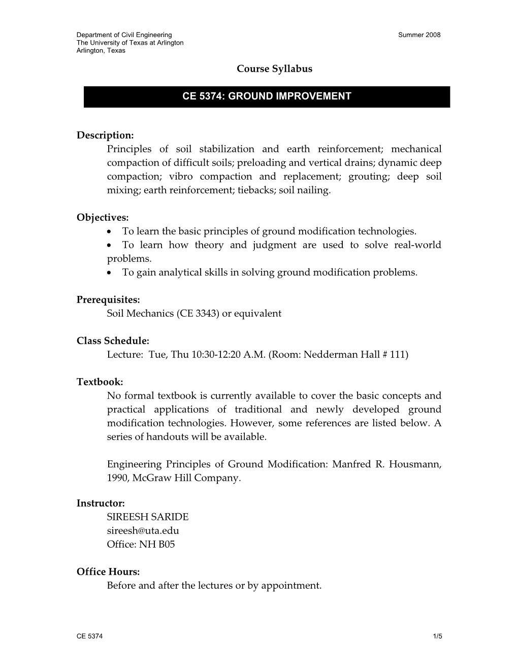 Department of Civil Engineering Summer 2008