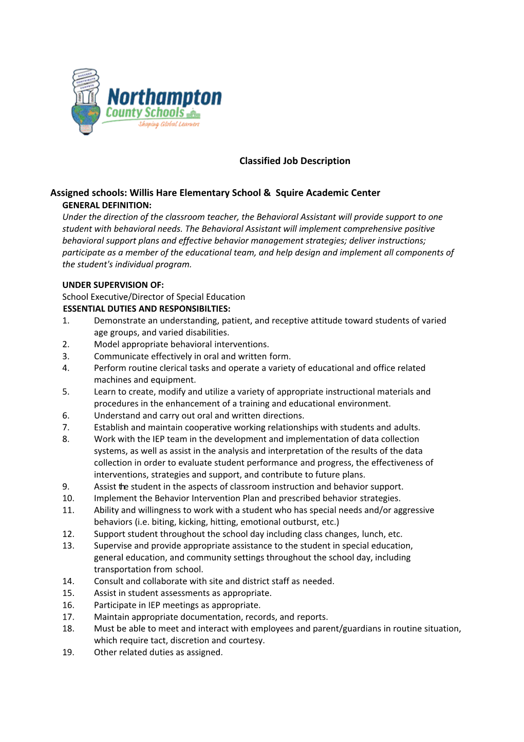 Paraeducator Behavioral Asst 4-2015