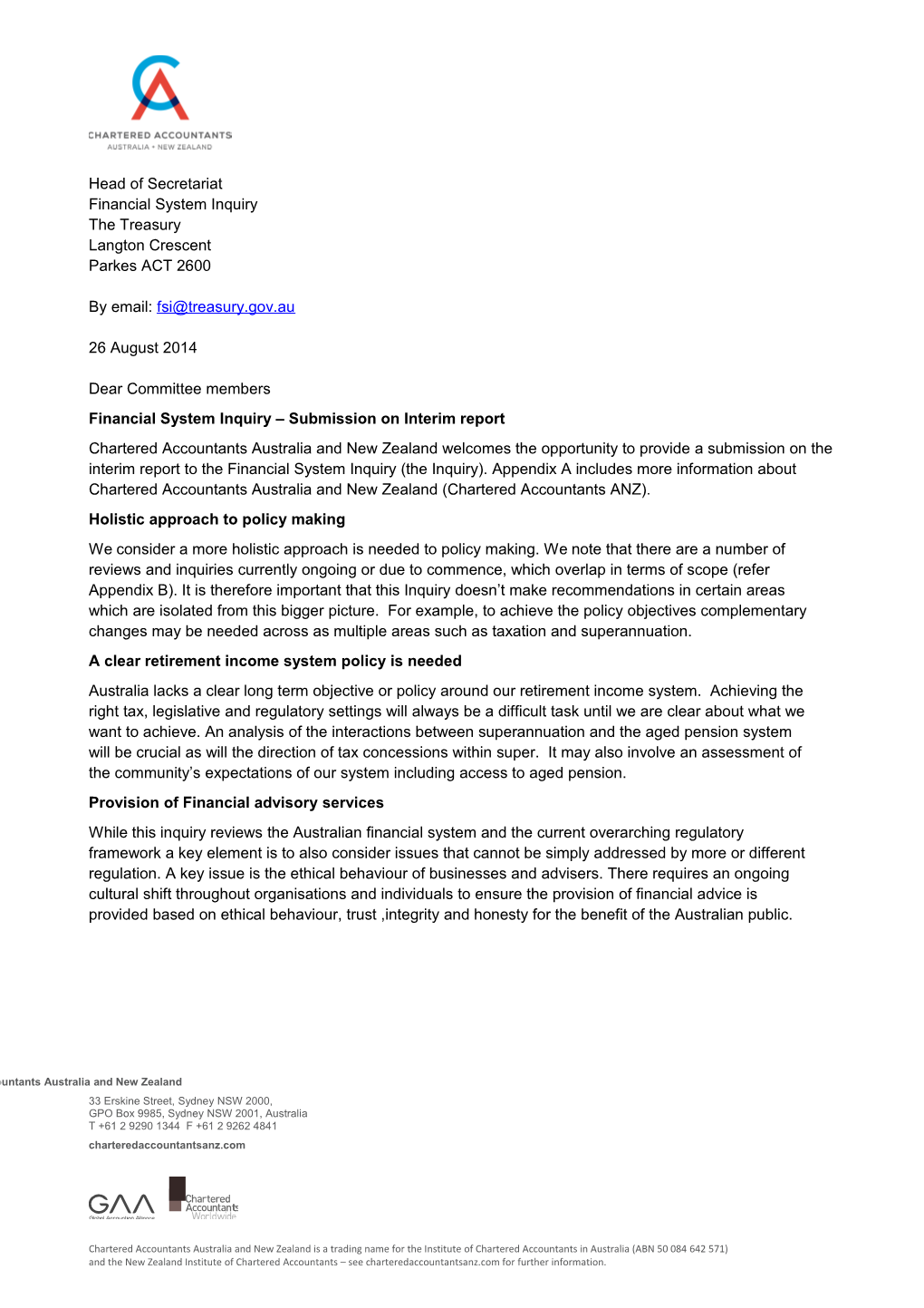 Chartered Accountants Australia and New Zealand - Submission to the Financial System Inquiry