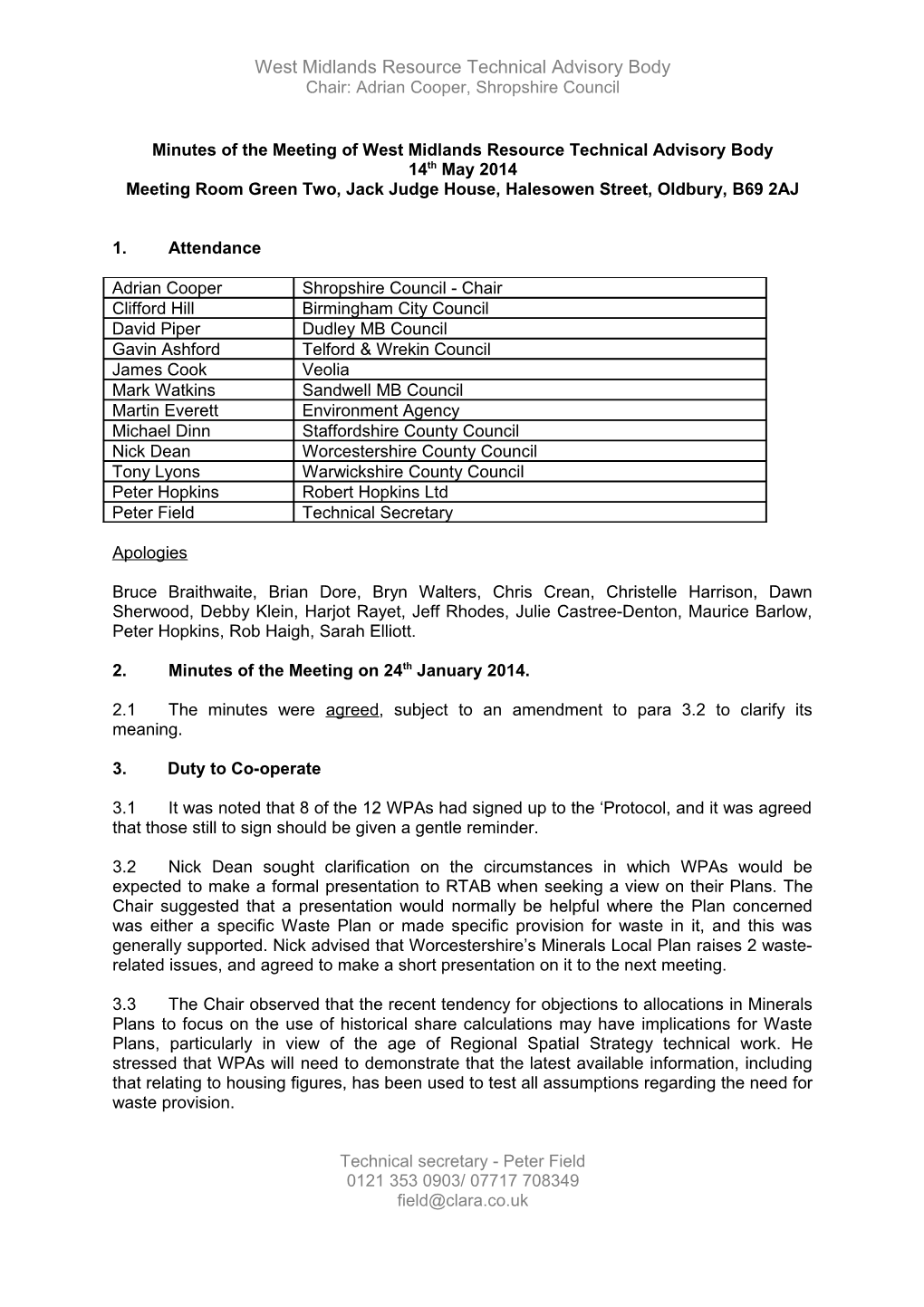 Minutes of the Meeting of West Midlands Resource Technical Advisory Body