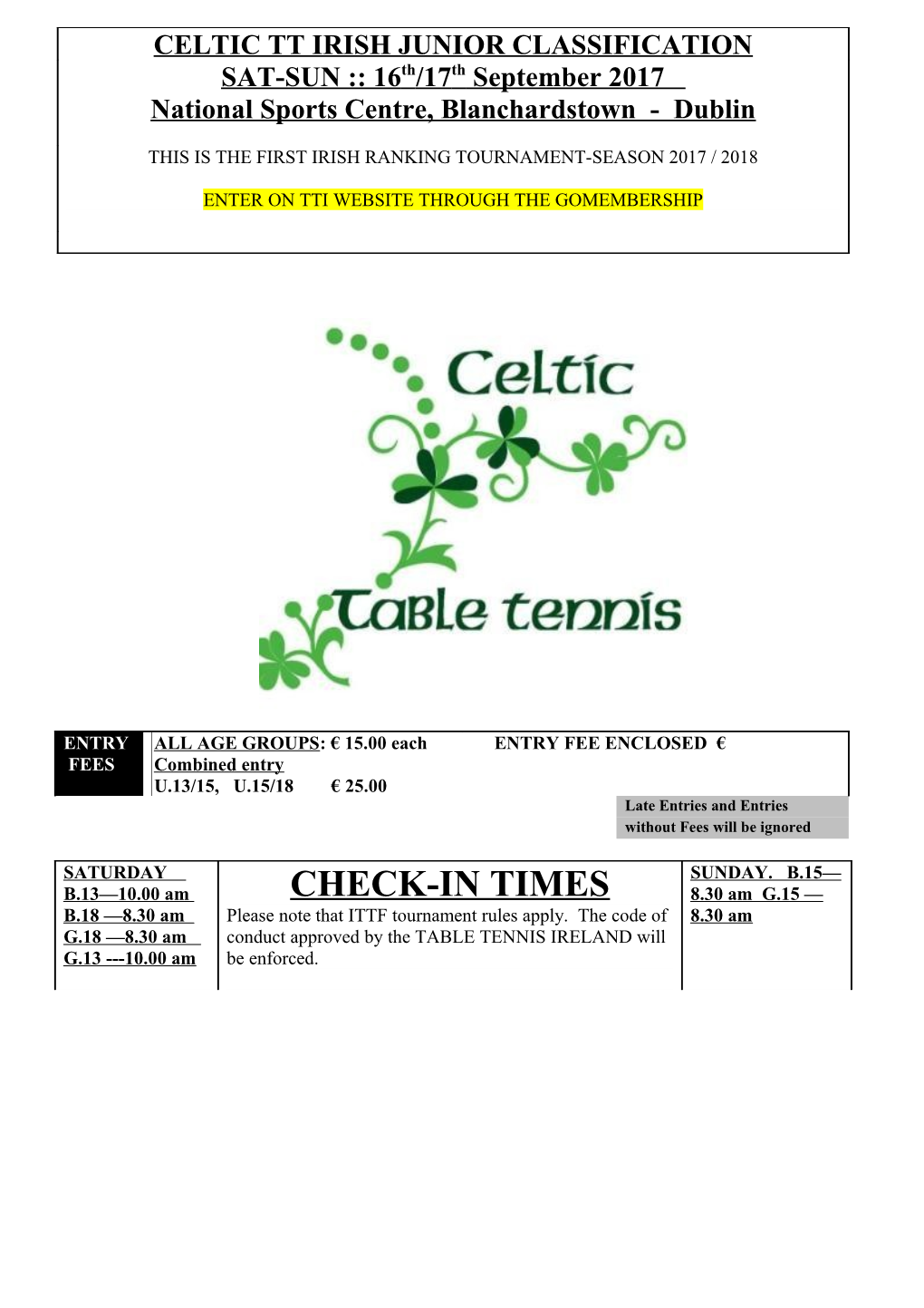 Stiga Irish Junior Classification