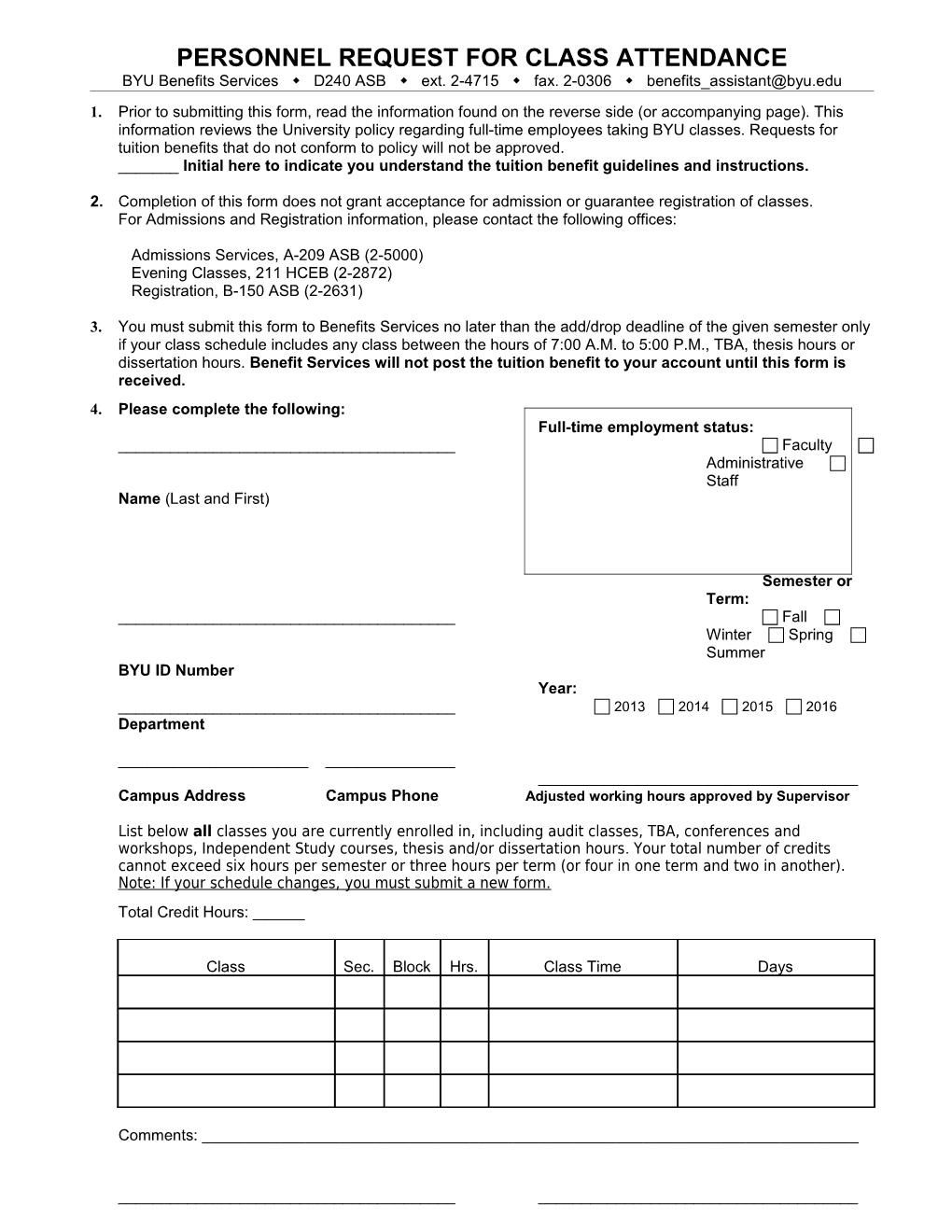 Personnel Request for Class Attendance