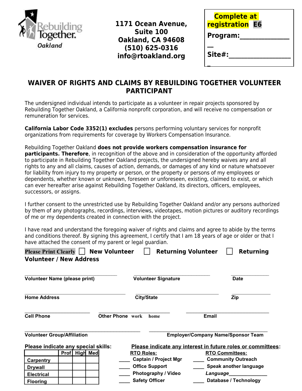 Waiver of Rights and Claims by Rebuilding Together Volunteer Participant