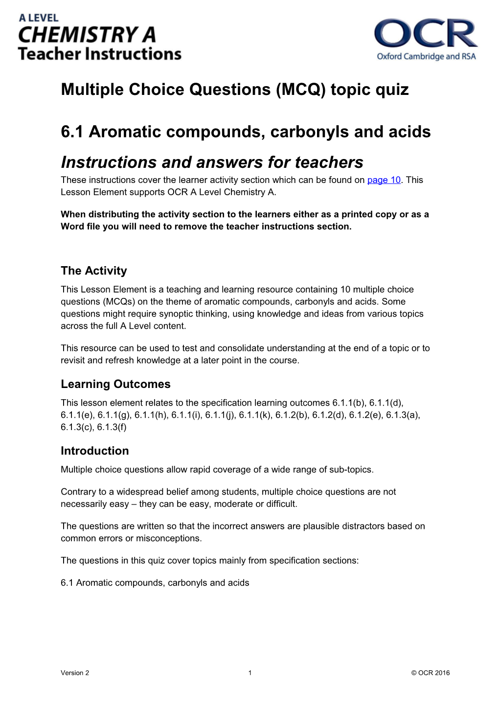 OCR a Level Chemistry a Multiple Choice Question Quiz (6.1 Aromatic Compounds)