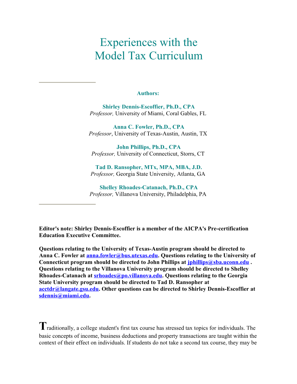 Experiences With The Model Tax Curriculum