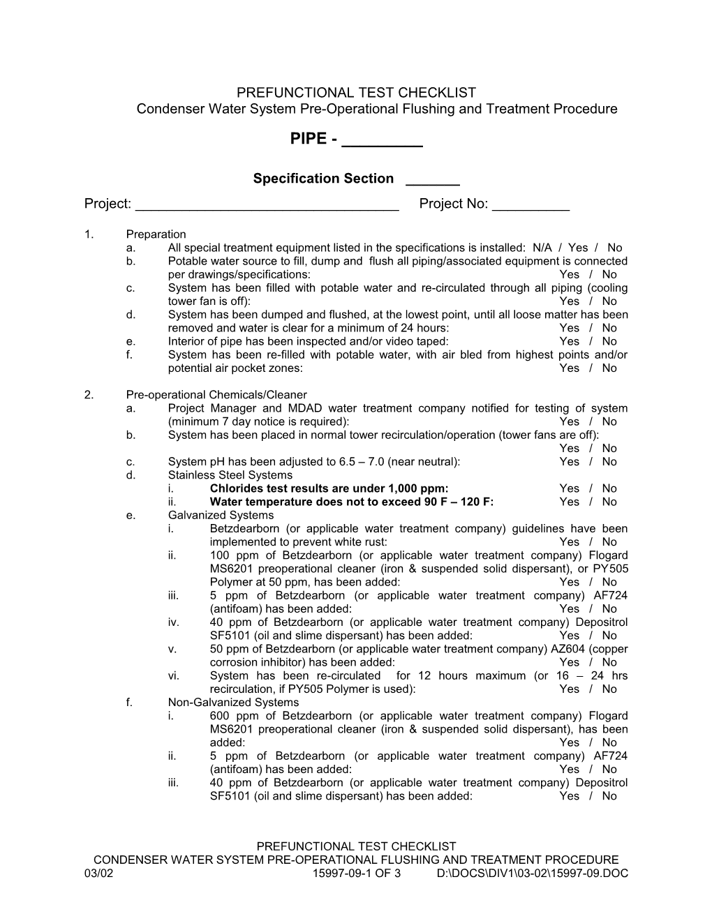 Prefunctional Checklist - Pipe (CW Flush)