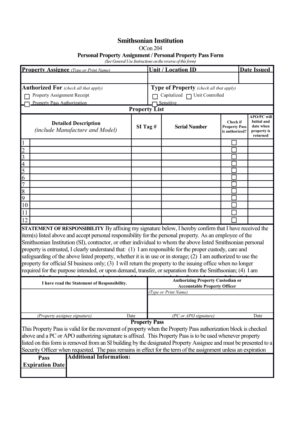 Ocon 204 - Personal Property Assignment/Personal Property Pass Form