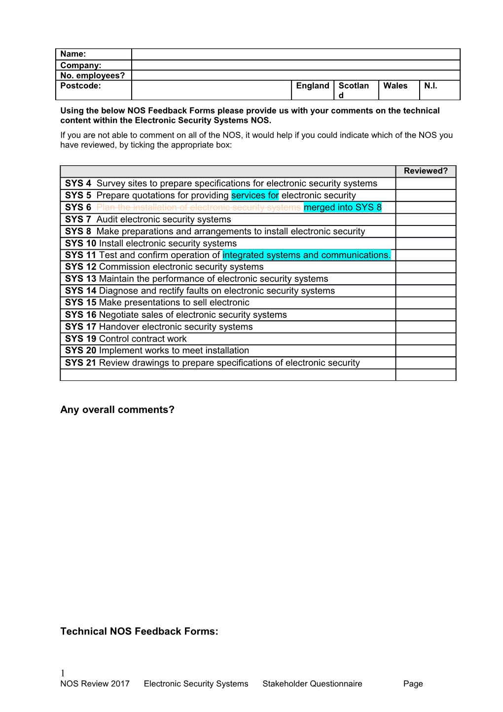 Using the Below NOS Feedback Forms Please Provide Us with Your Comments on the Technical