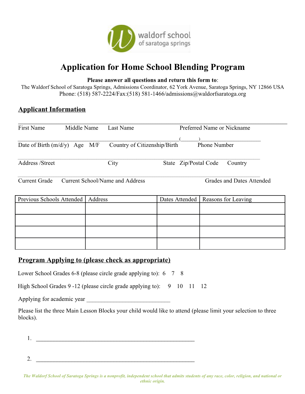 Application for Home School Blending Program