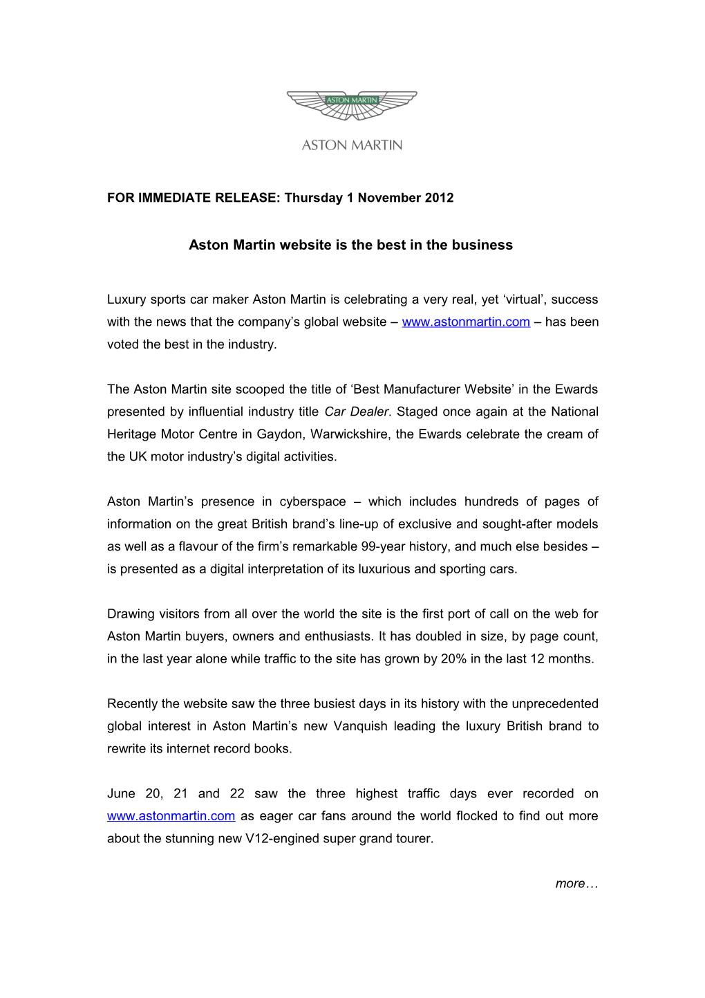 FOR IMMEDIATE RELEASE: Thursday 1 November 2012