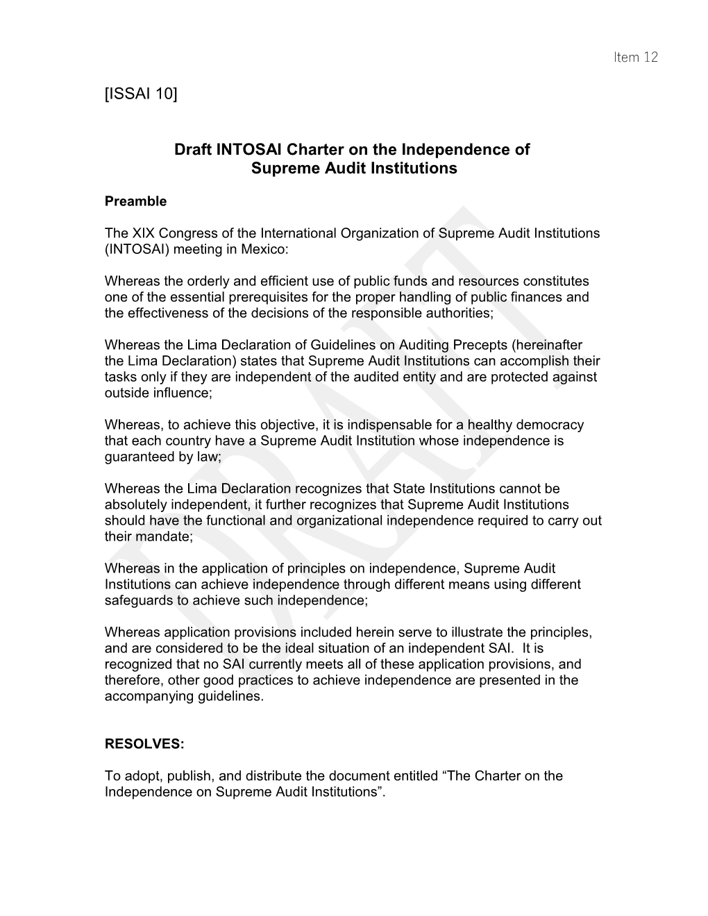 Draft INTOSAI Charter Onthe Independence Of