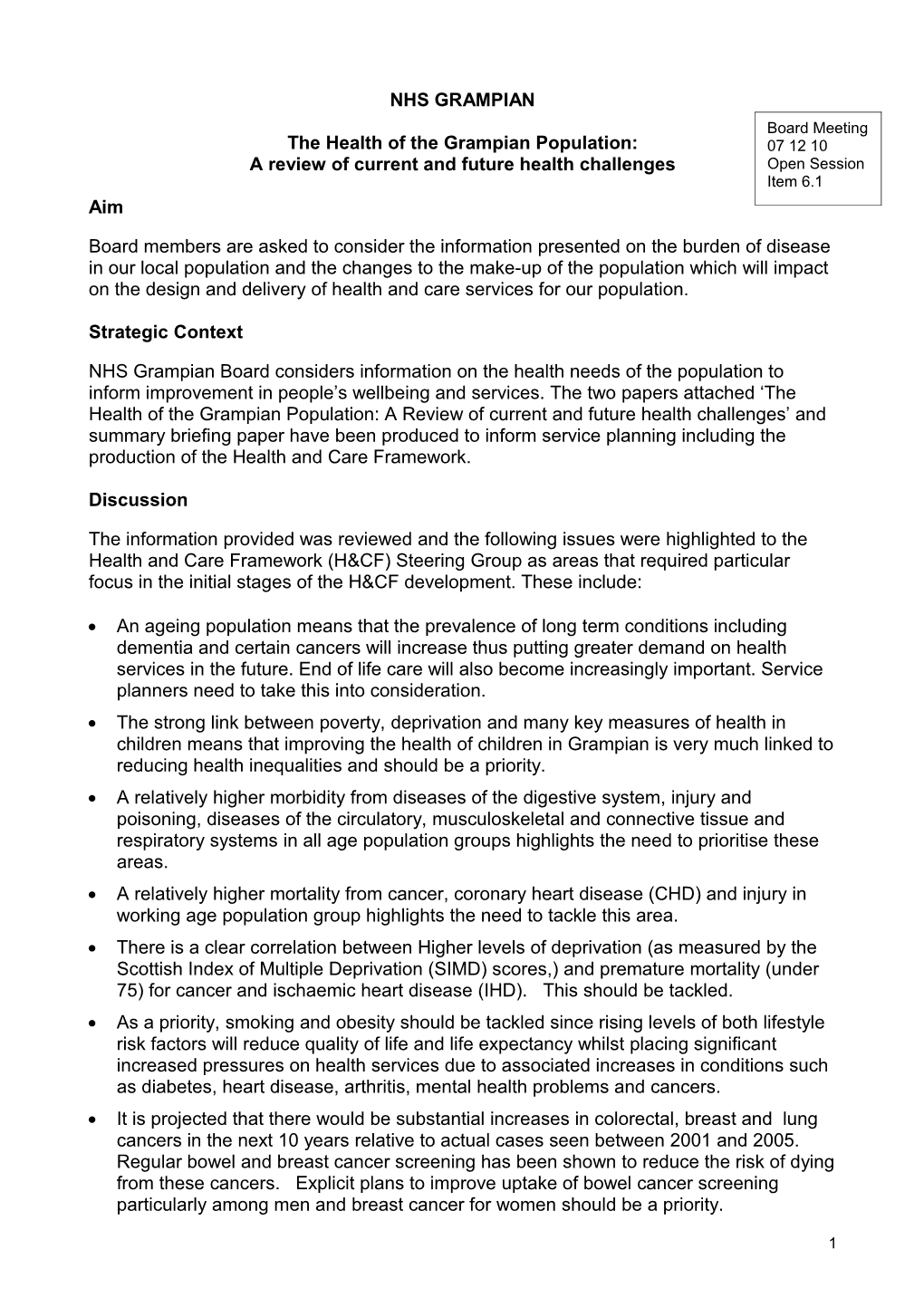 Item 6.1 for 7 Dec the Health of the Grampian Population Cover Sheet