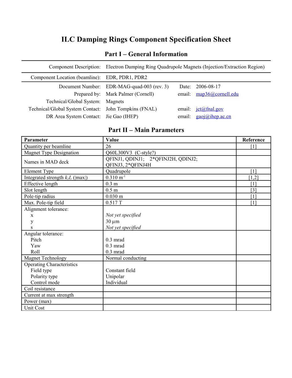 ILC Damping Rings Component Specification Sheet