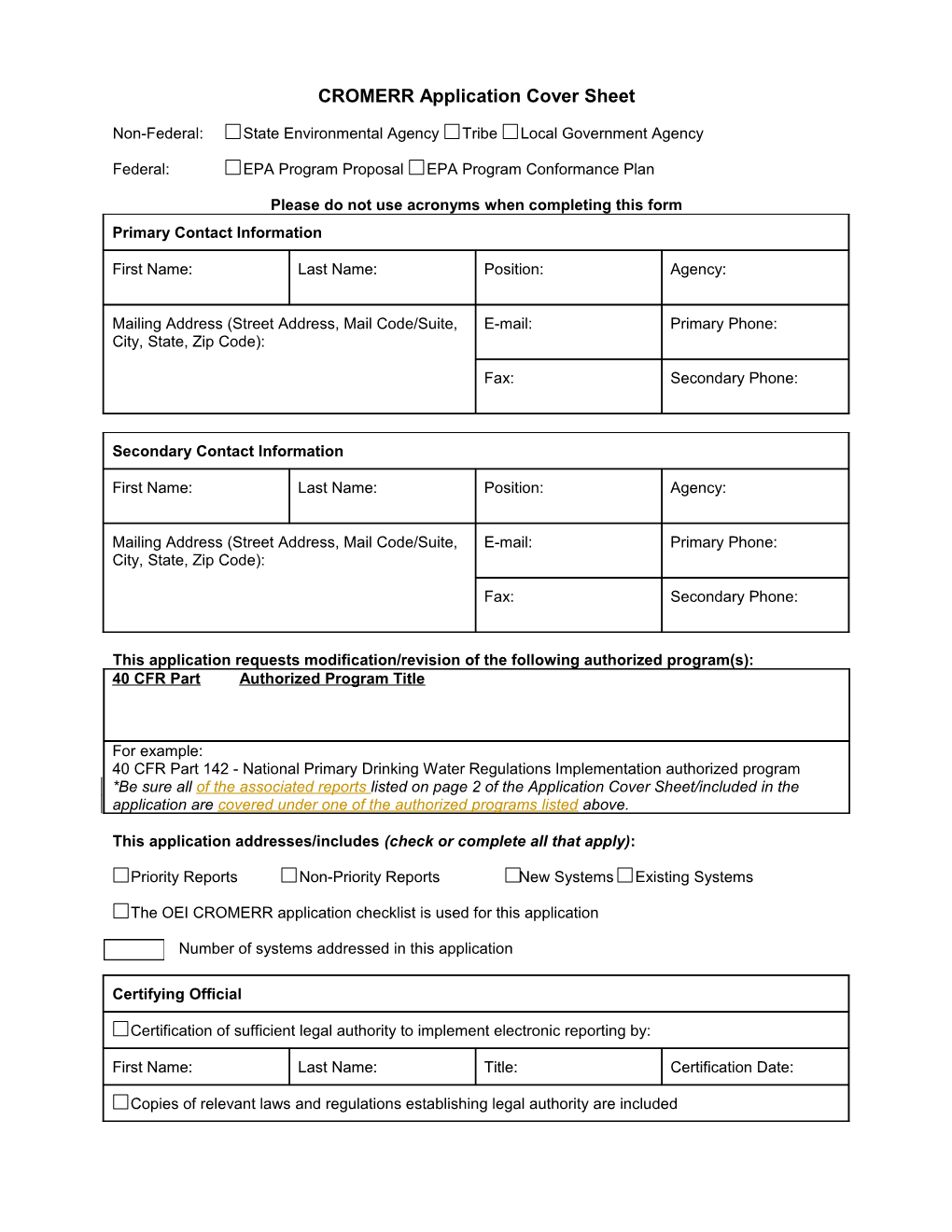 CROMERR Application Cover Sheet