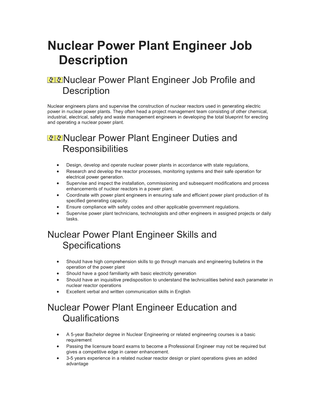 Nuclear Power Plant Engineer Job Description