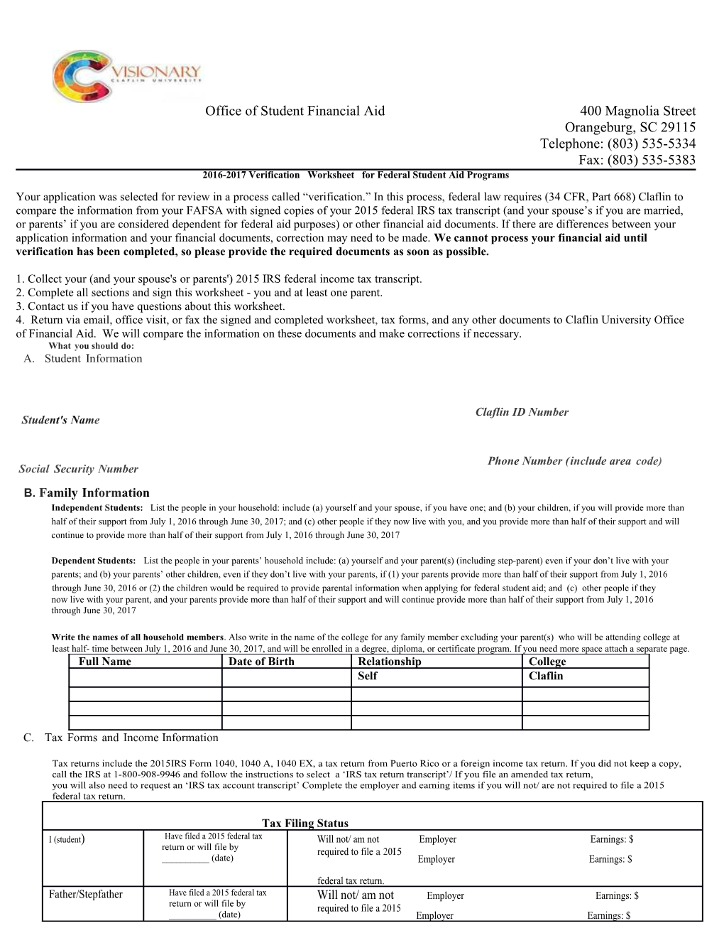 2016-2017 Verification Worksheet for Federal Student Aid Programs