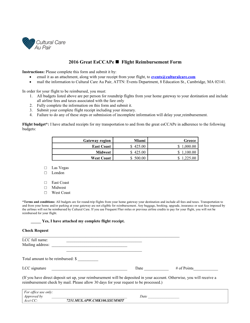 2016 Great Esccape N Flight Reimbursement Form