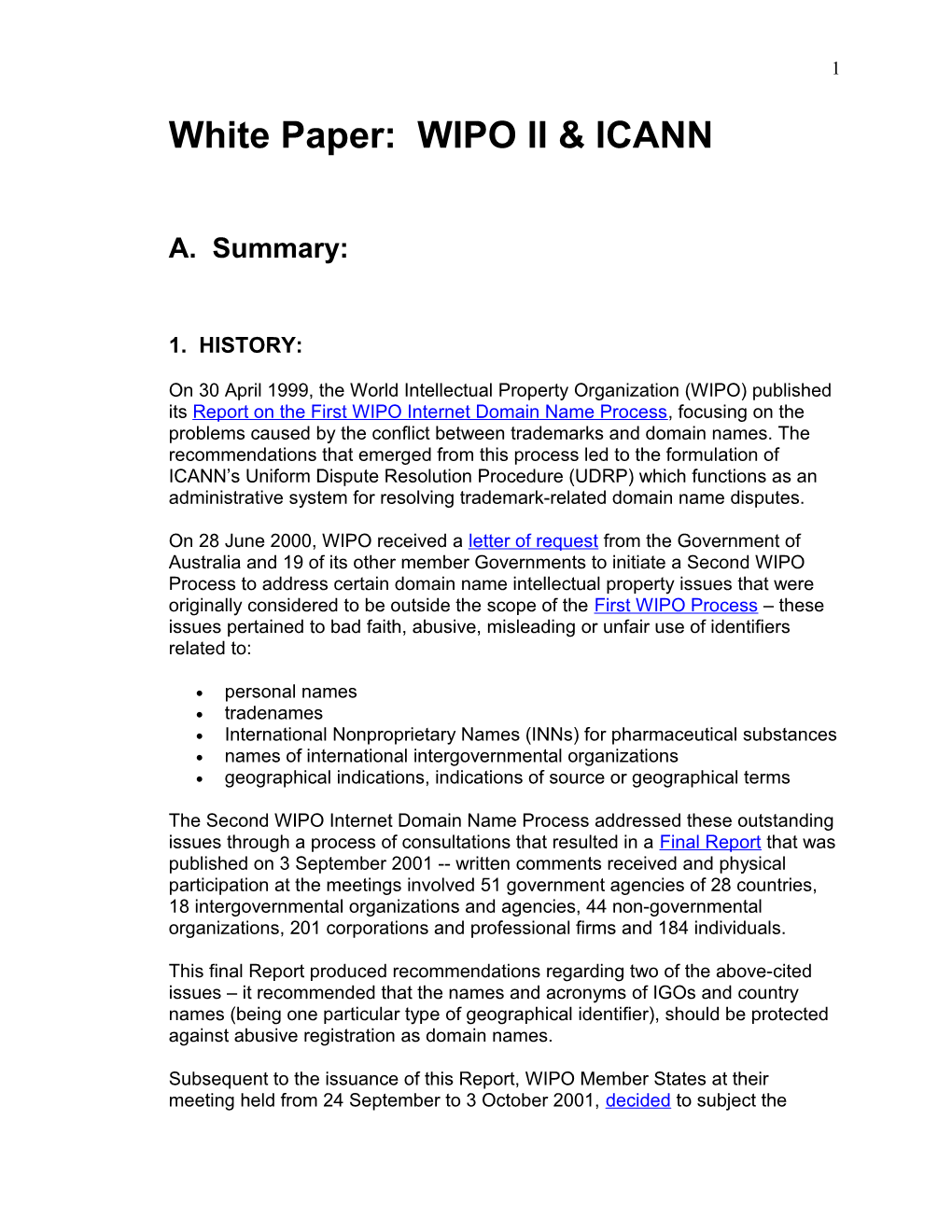 White Paper: WIPO II & ICANN
