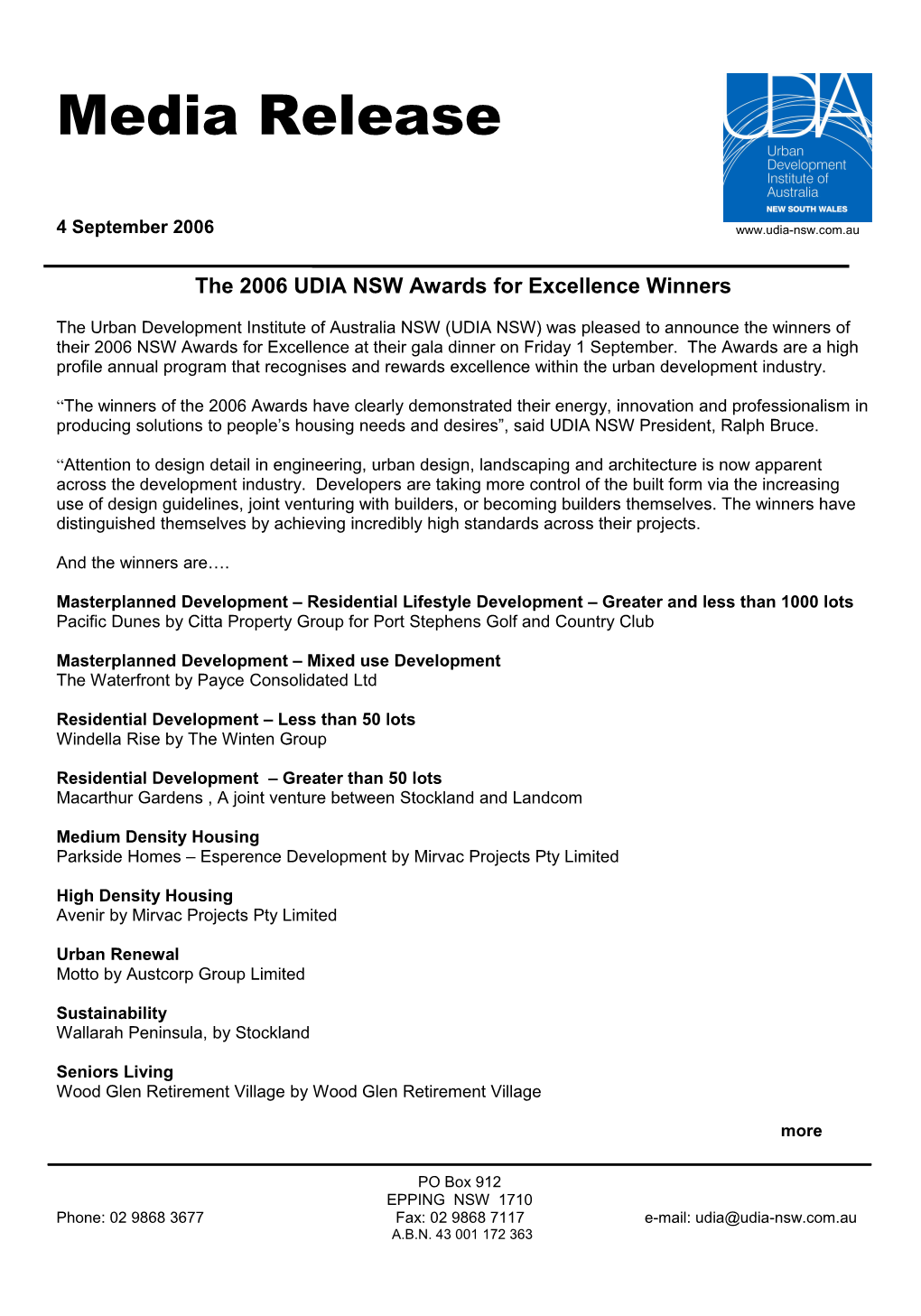 The 2006 UDIA NSW Awards for Excellence Winners