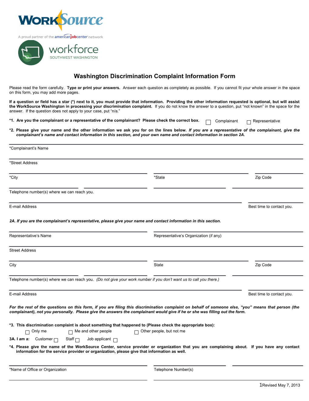 Washington Discrimination Complaint Information Form