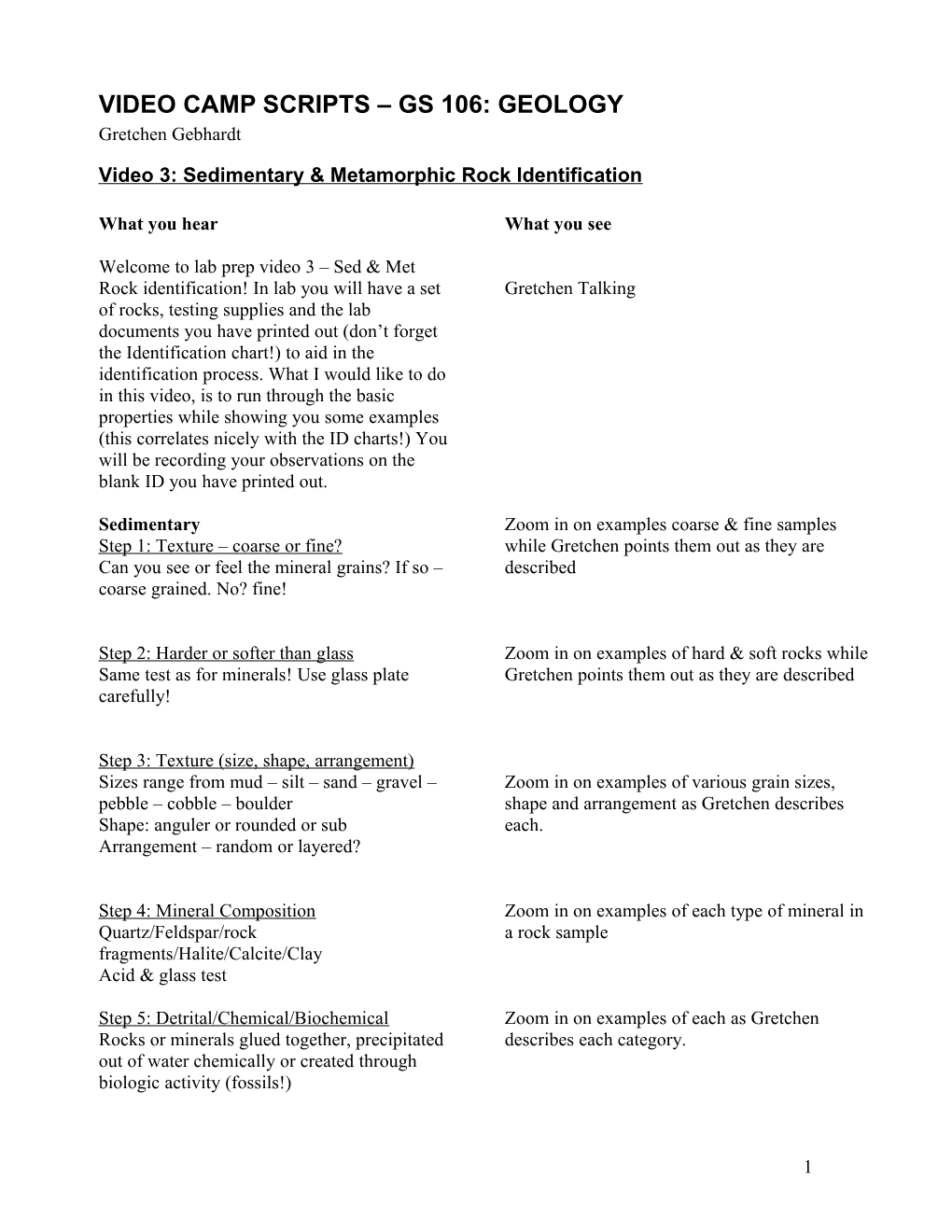 Video Camp Scripts Gs 106: Geology