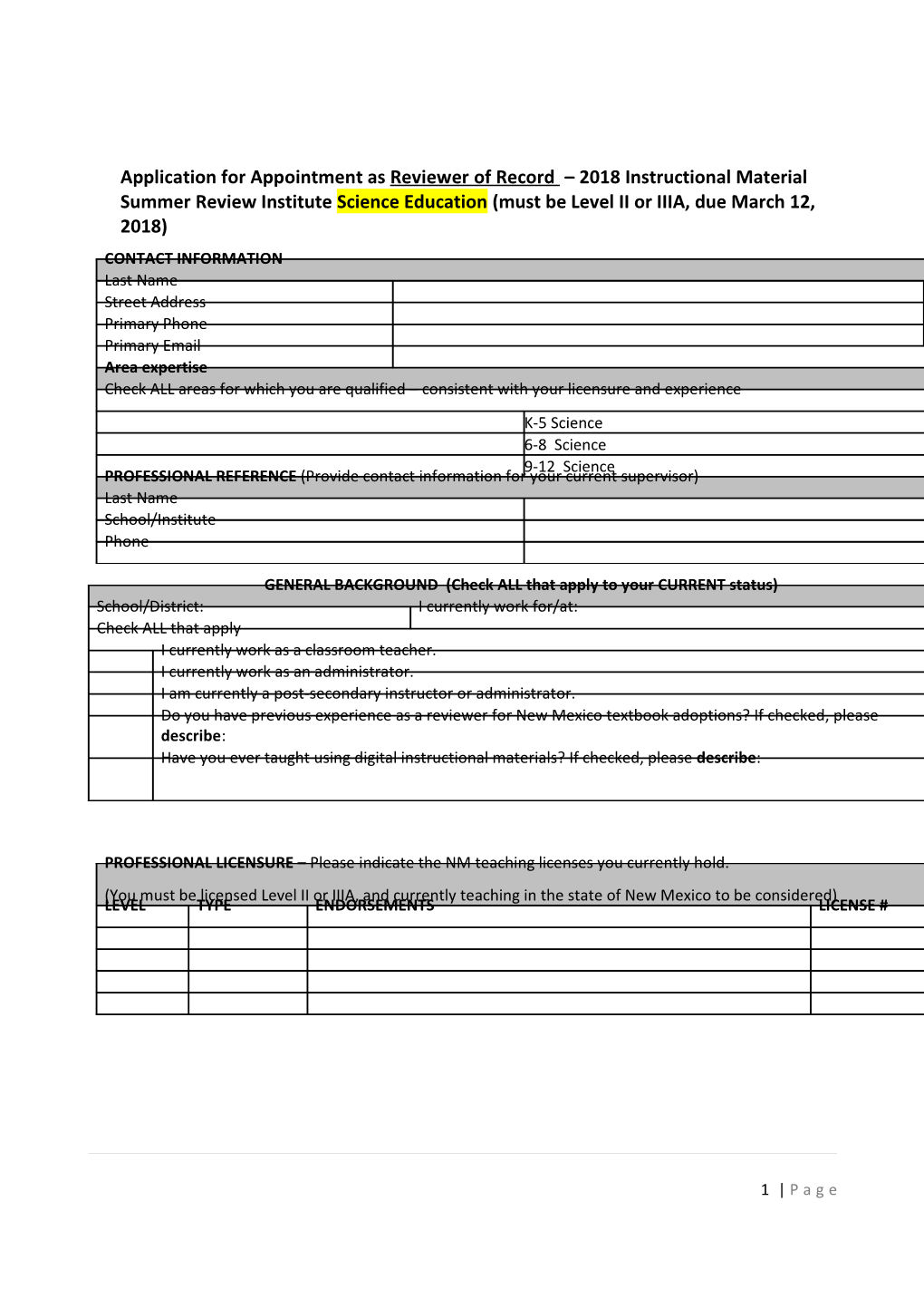 Application for Appointment As Reviewer of Record 2018 Instructional Material Summer Review