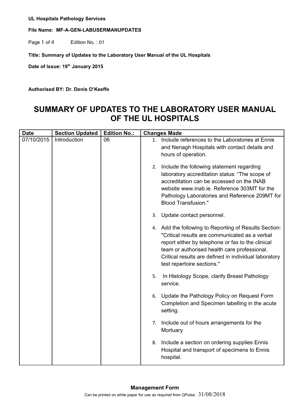 Summary of Updates to the Laboratory User Manual of the Ul Hospitals