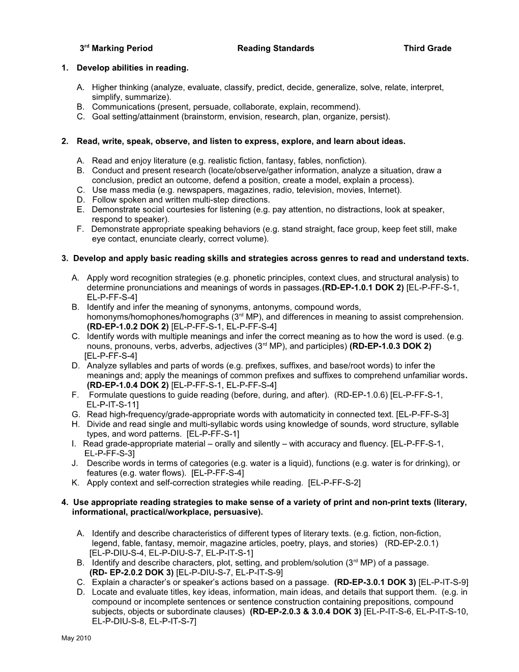 Third Marking Period Reading Standards Third Grade