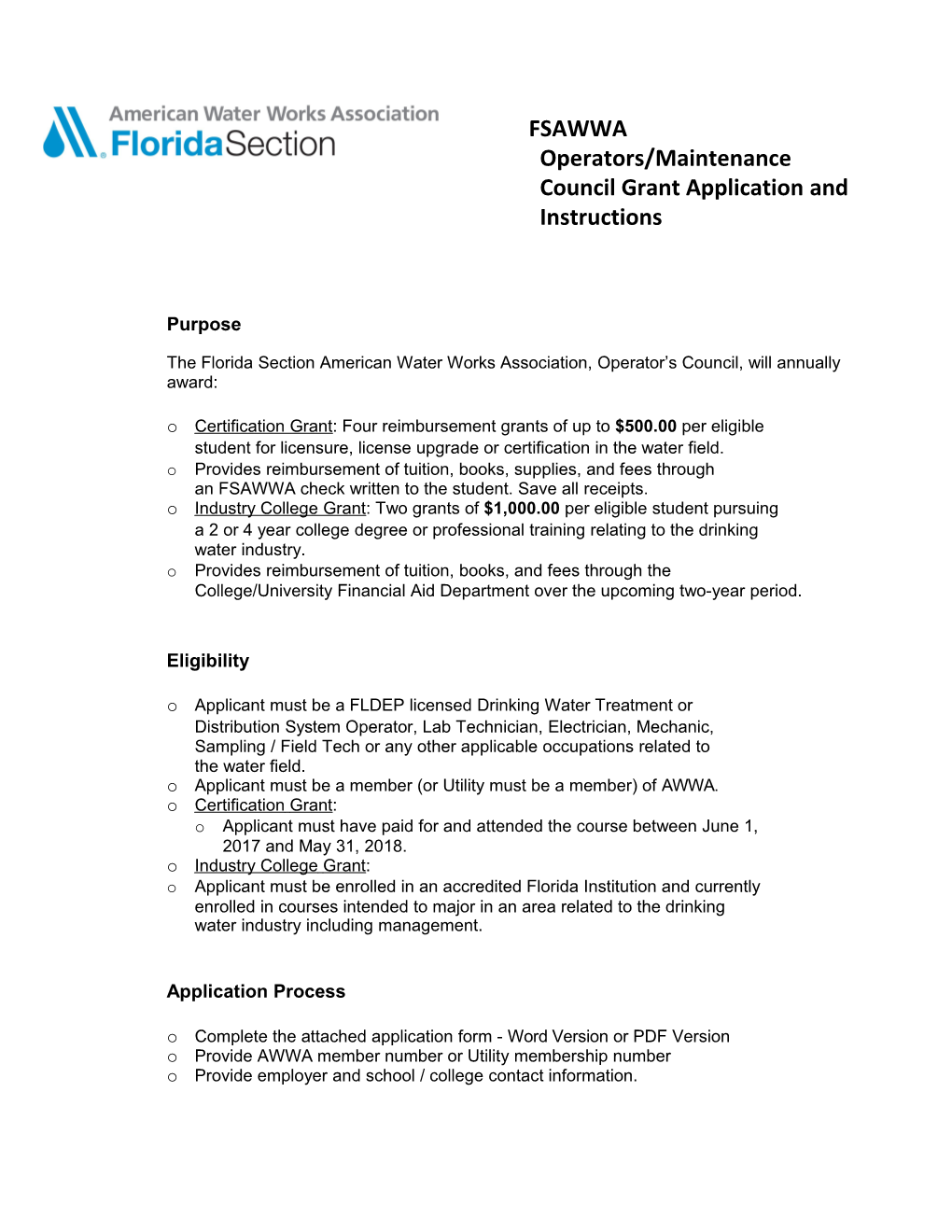 FSAWWA Operators/Maintenance Council Grant Application and Instructions