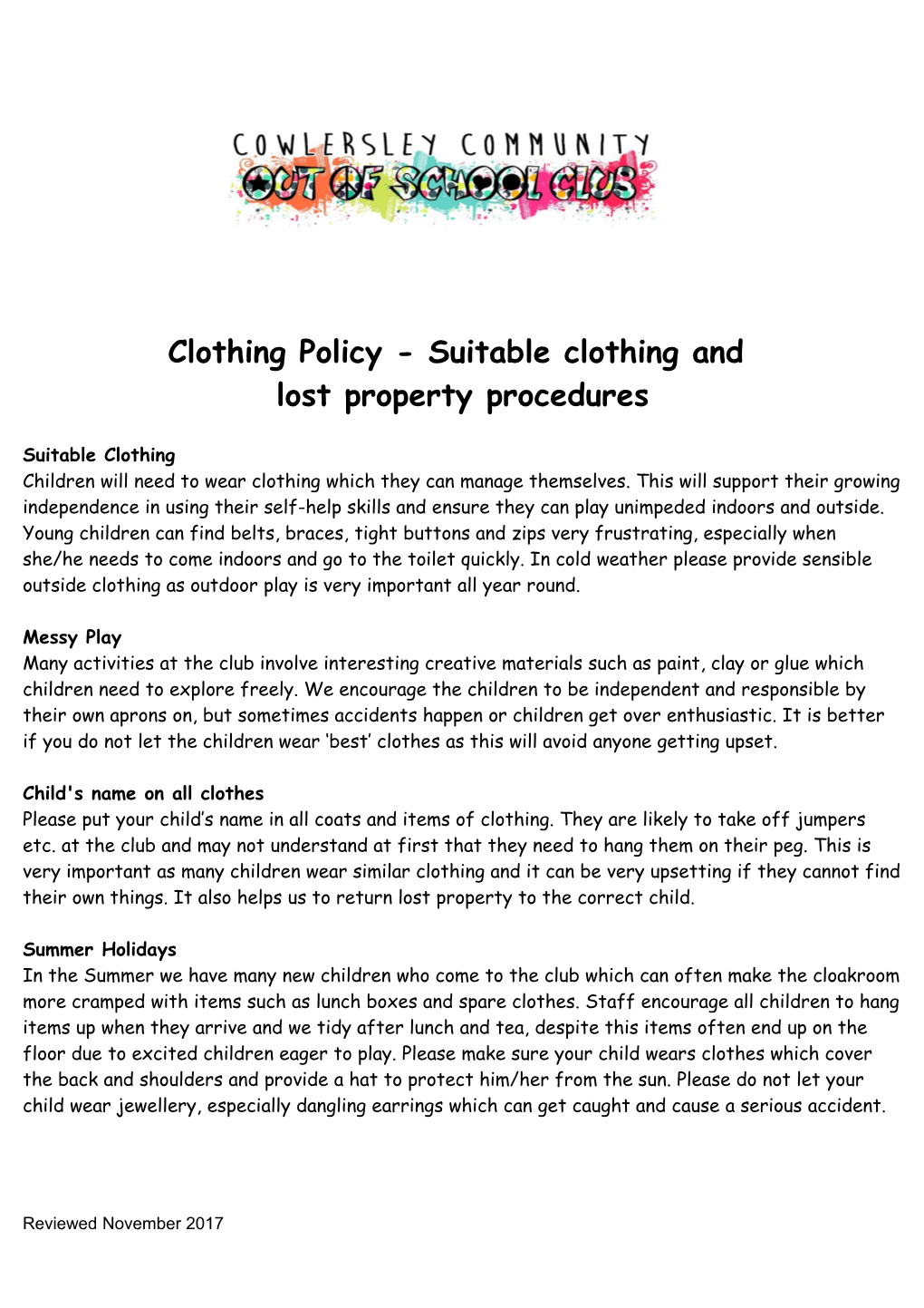 Clothing Policy - Suitable Clothing And