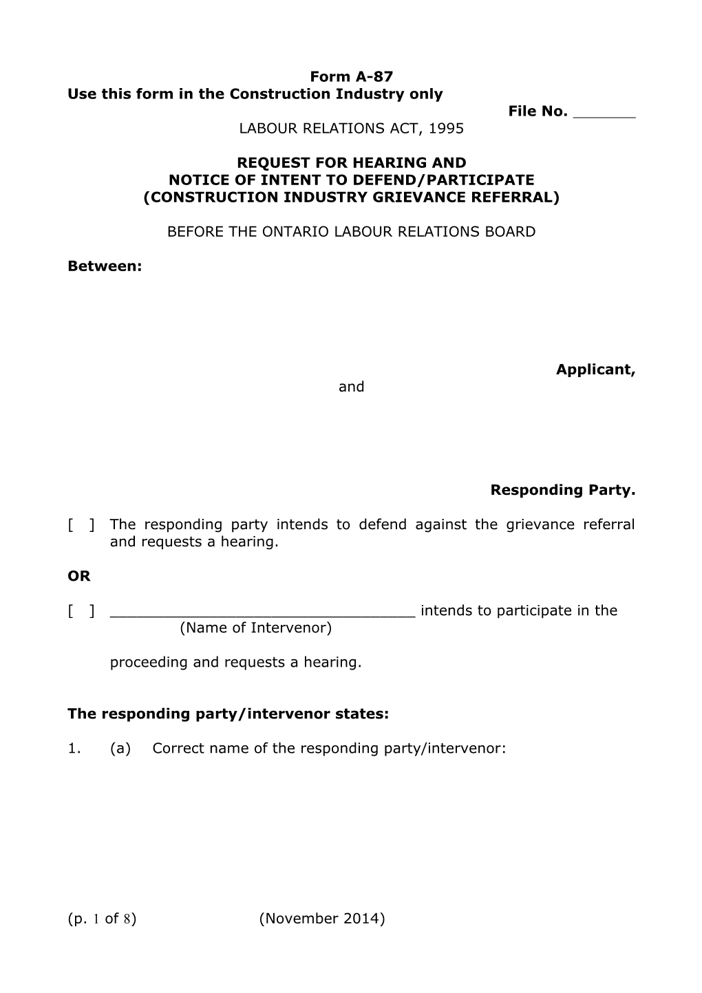 Request for Hearing and Notice of Intent to Defend/Participate - Construction Industry