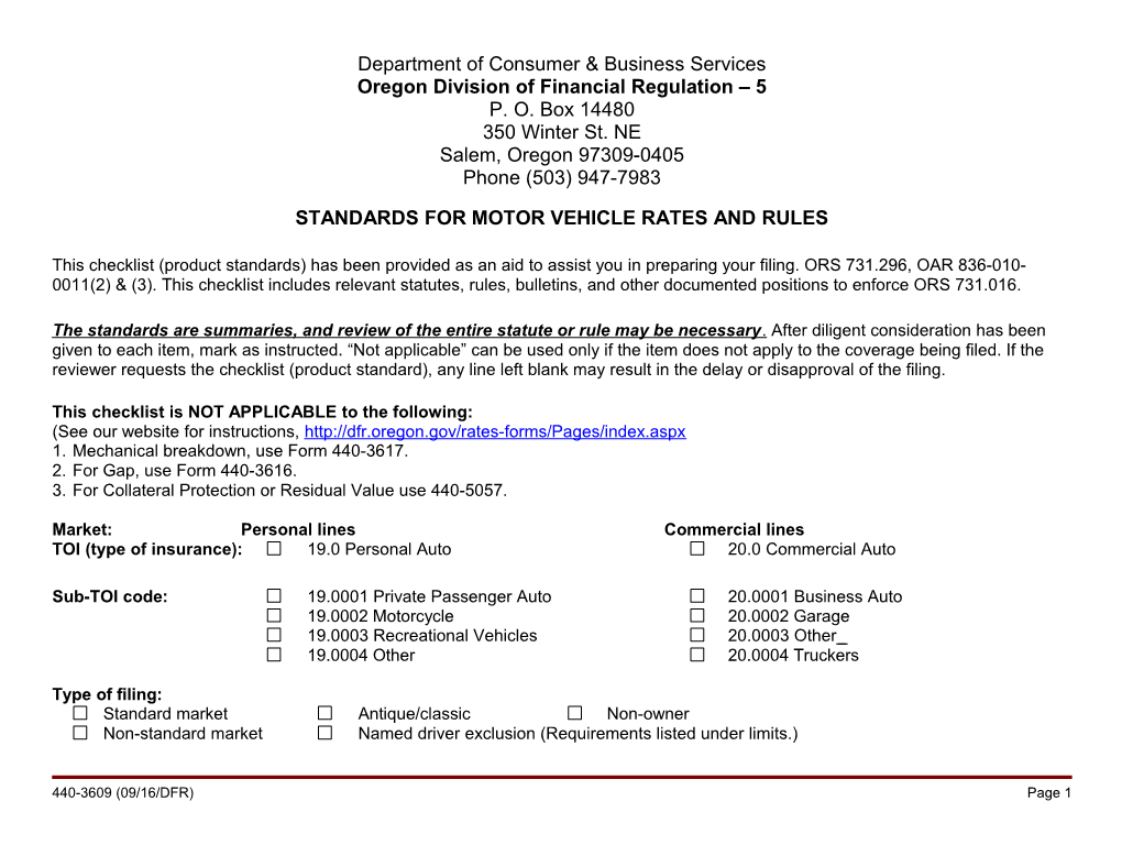 Standards for Motor Vehicle Rates and Rules