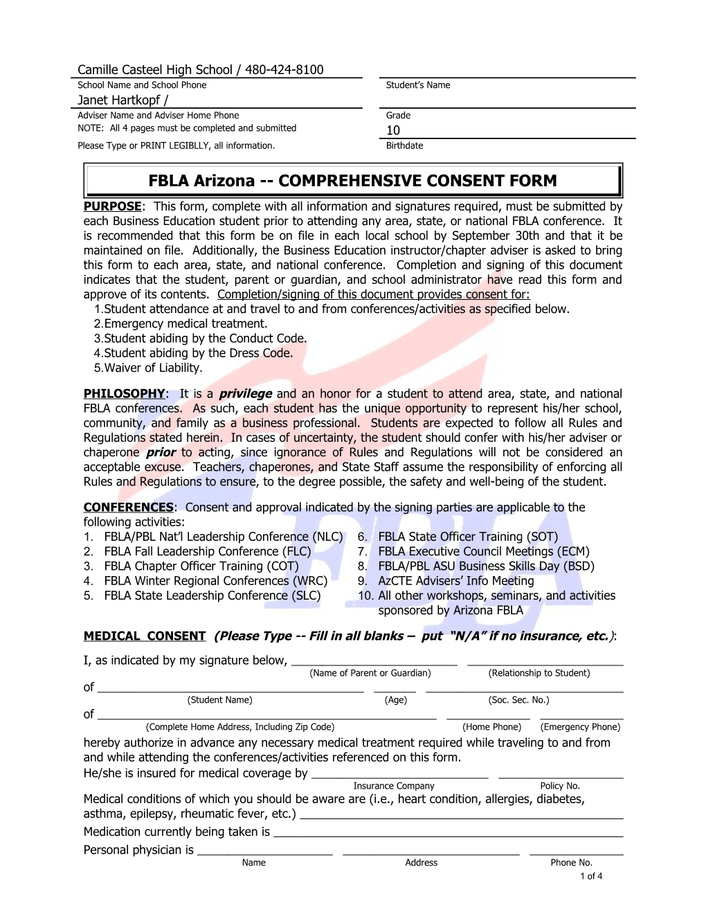 FBLA Arizona COMPREHENSIVE CONSENT FORM